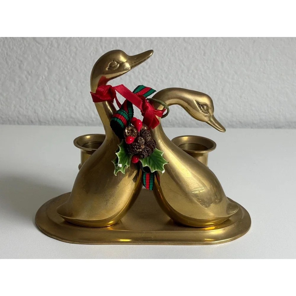 Vintage Brass Swan Candle Holder Double Bird Christmas